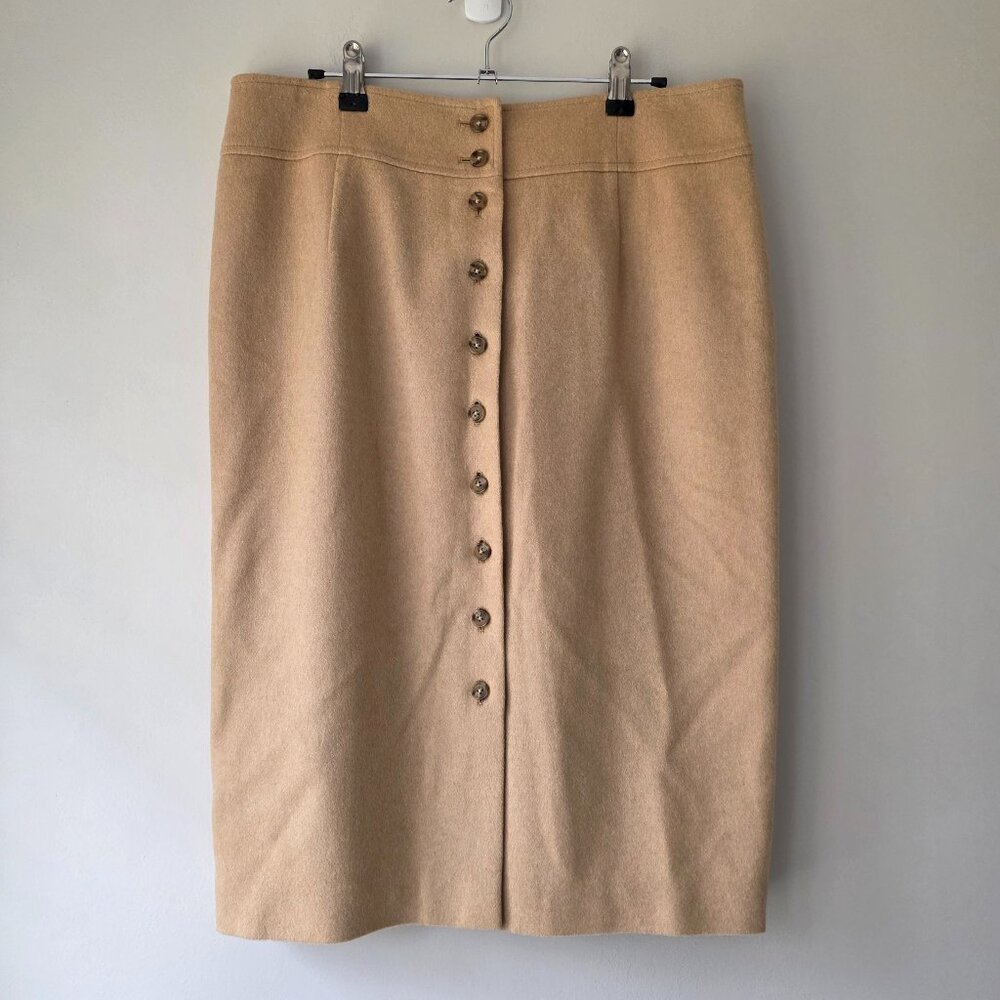 TALBOTS Vintage Camel Hair Pencil Skirt w / Buttons | 14P | Lined Kick Pleat Tan